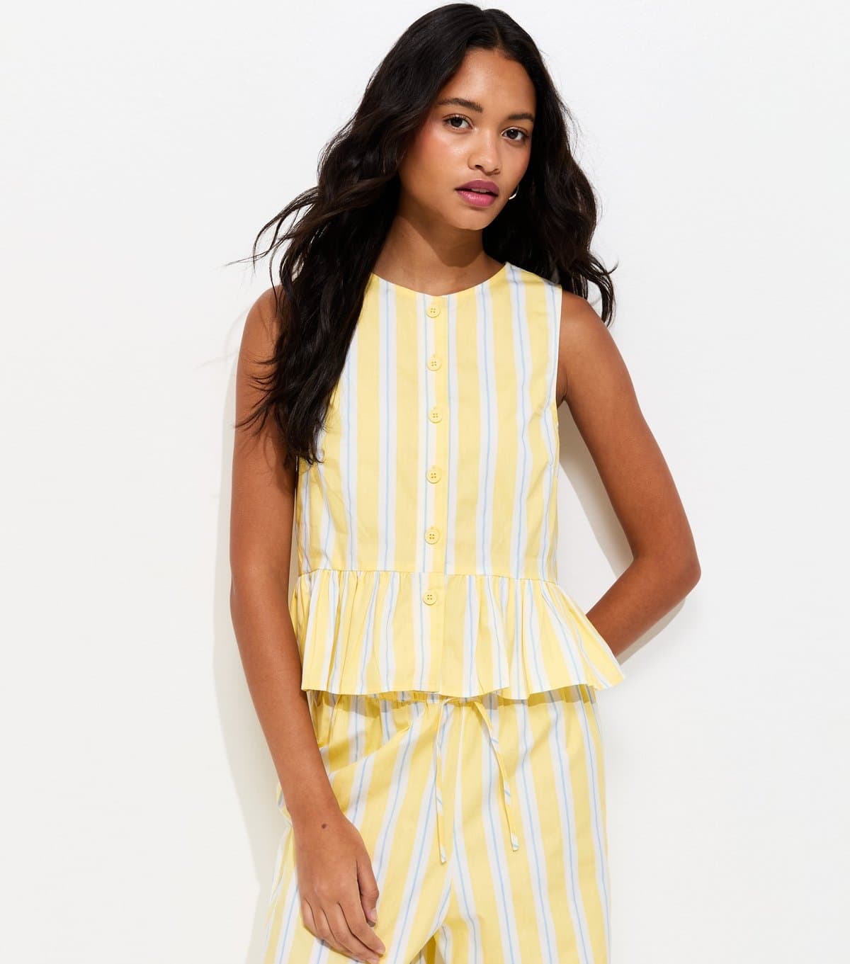 New Look Women's Light Yellow Striped Peplum Hem Button Front Top New Look