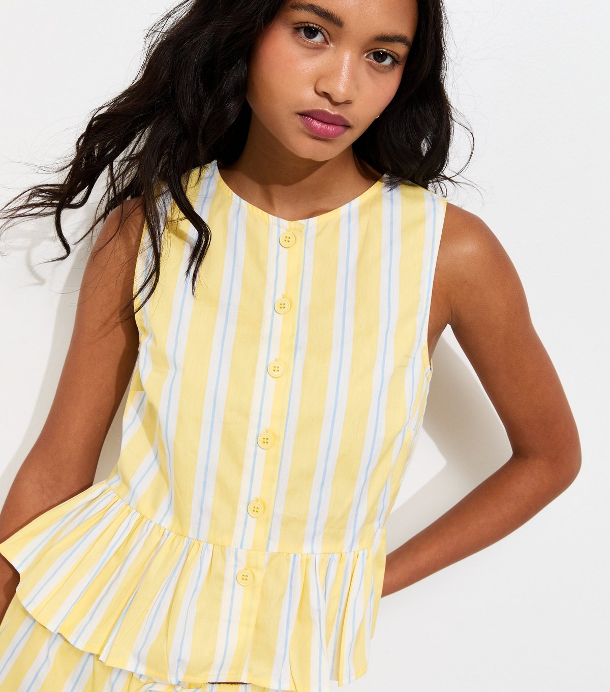 New Look Women's Light Yellow Striped Peplum Hem Button Front Top New Look - 2