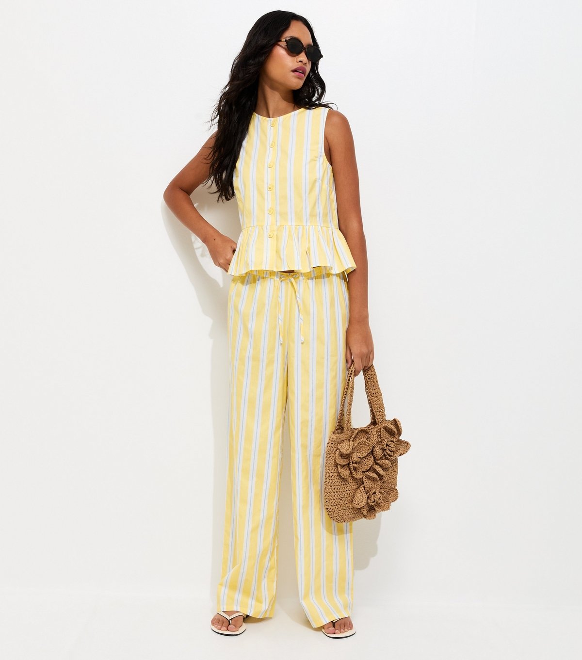 New Look Women's Light Yellow Striped Peplum Hem Button Front Top New Look - 3