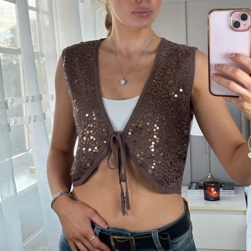 New Look Vintage y2k sequin embellished tie front waistcoat boho style