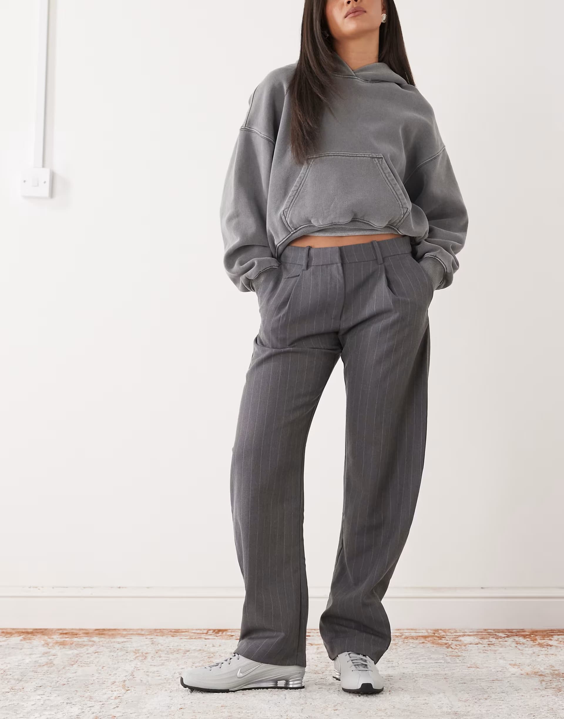 ASOS Monki barrel leg tailored trouser in charcoal grey pinstripe