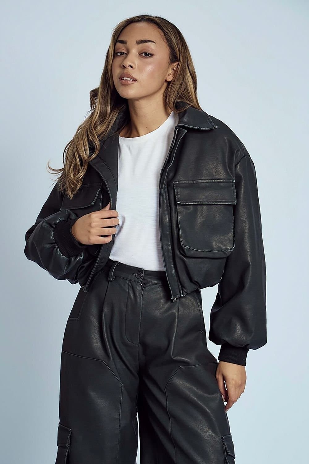 Native Youth Native Youth Women's Faux-Leather Cropped Elasticated Bomber Jacket in Grey