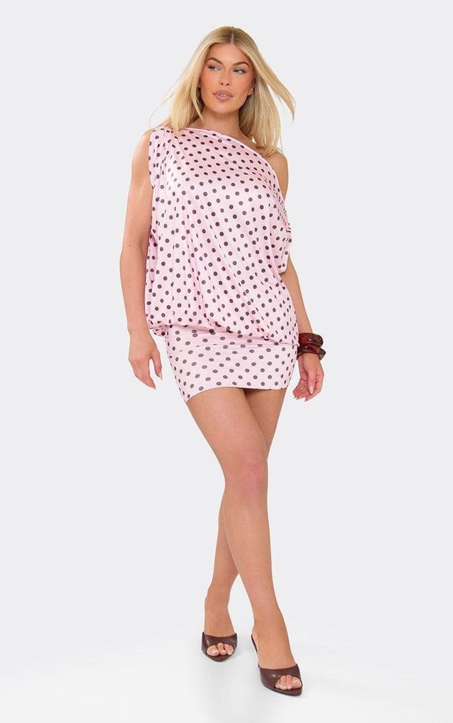 EGO Off The Shoulder Draped Asymmetric Mini Dress In Baby Pink Polka Dot Slinky, Women's Size UK 6 - 2