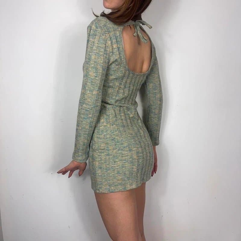 Topshop Green and blue knitted mini dress with long sleeves and open back #knitwear #minidress