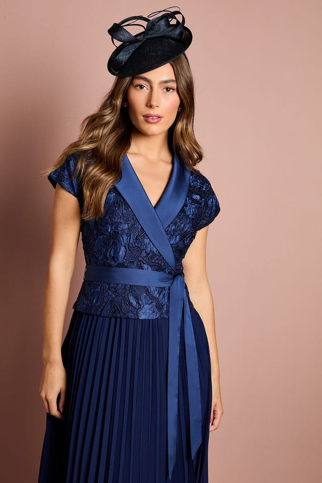 Coast Coast Women's Lace Wrap Top Pleat Tux Midi Dress in Navy - 2