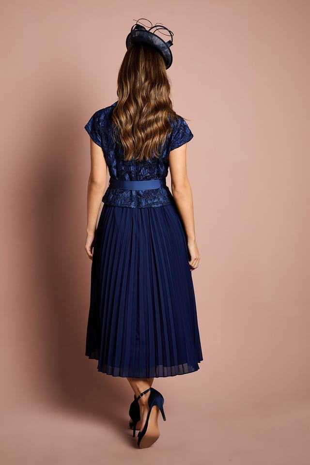 Coast Coast Women's Lace Wrap Top Pleat Tux Midi Dress in Navy - 3