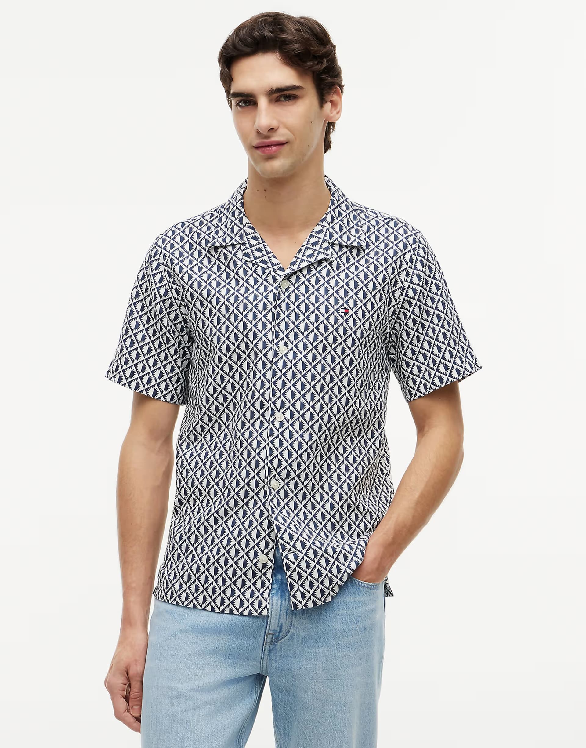 ASOS Tommy Hilfiger Regular linen blend print short sleeve shirt in multi blue