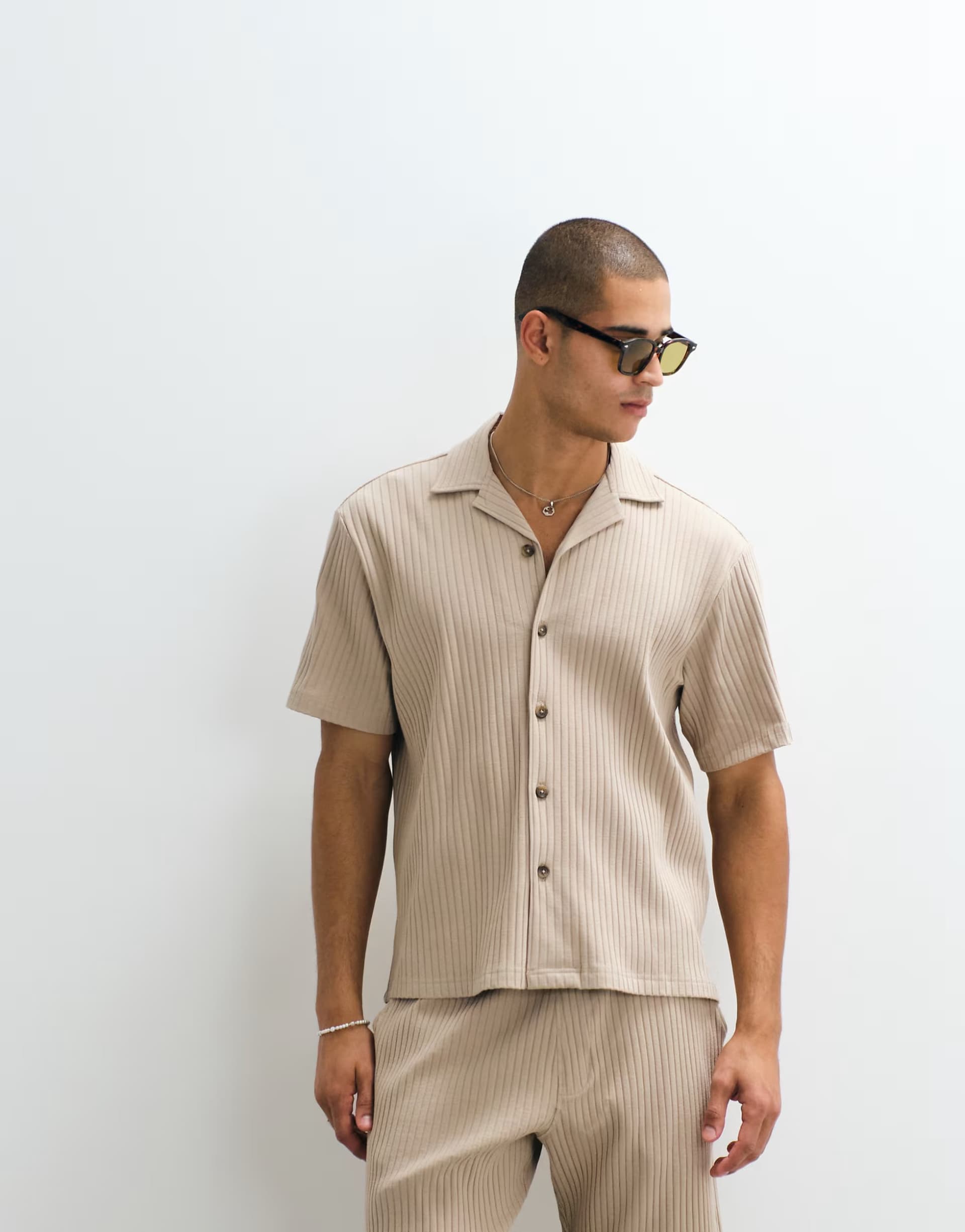 ASOS Selected co-ord ribbed short sleeve shirt in beige
