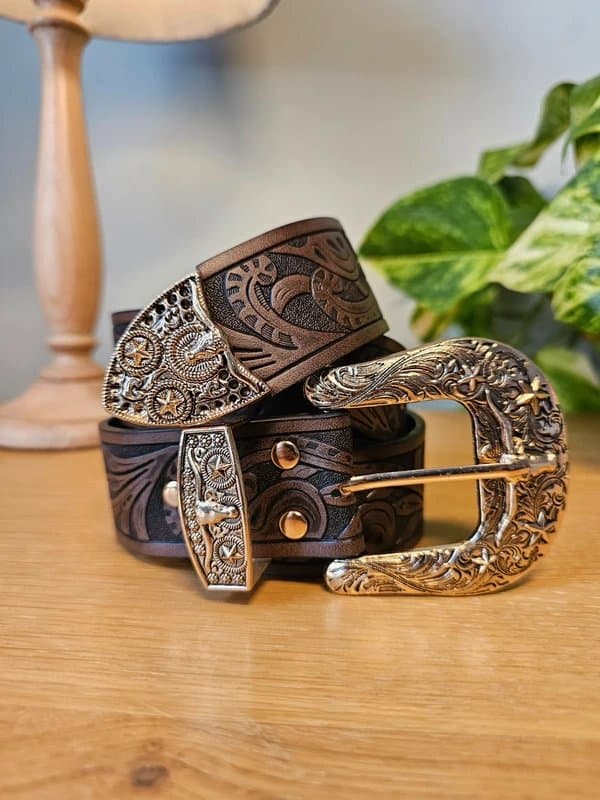Unique Dark Brown Textured Western Cowboy Cowgirl Belt with Gold Buckle Trim - Vintage Leather Look
