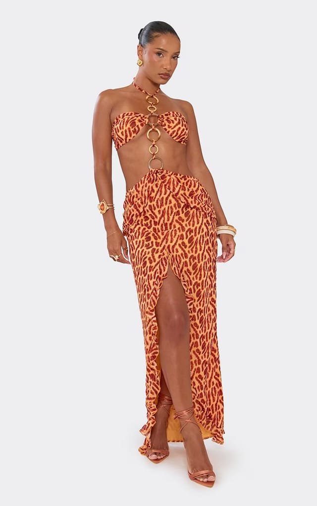 EGO Halterneck Cut Out Ring Detail Front Split Frill Hem Maxi Dress In Orange Leopard Print, Women's Size UK 6 - 2