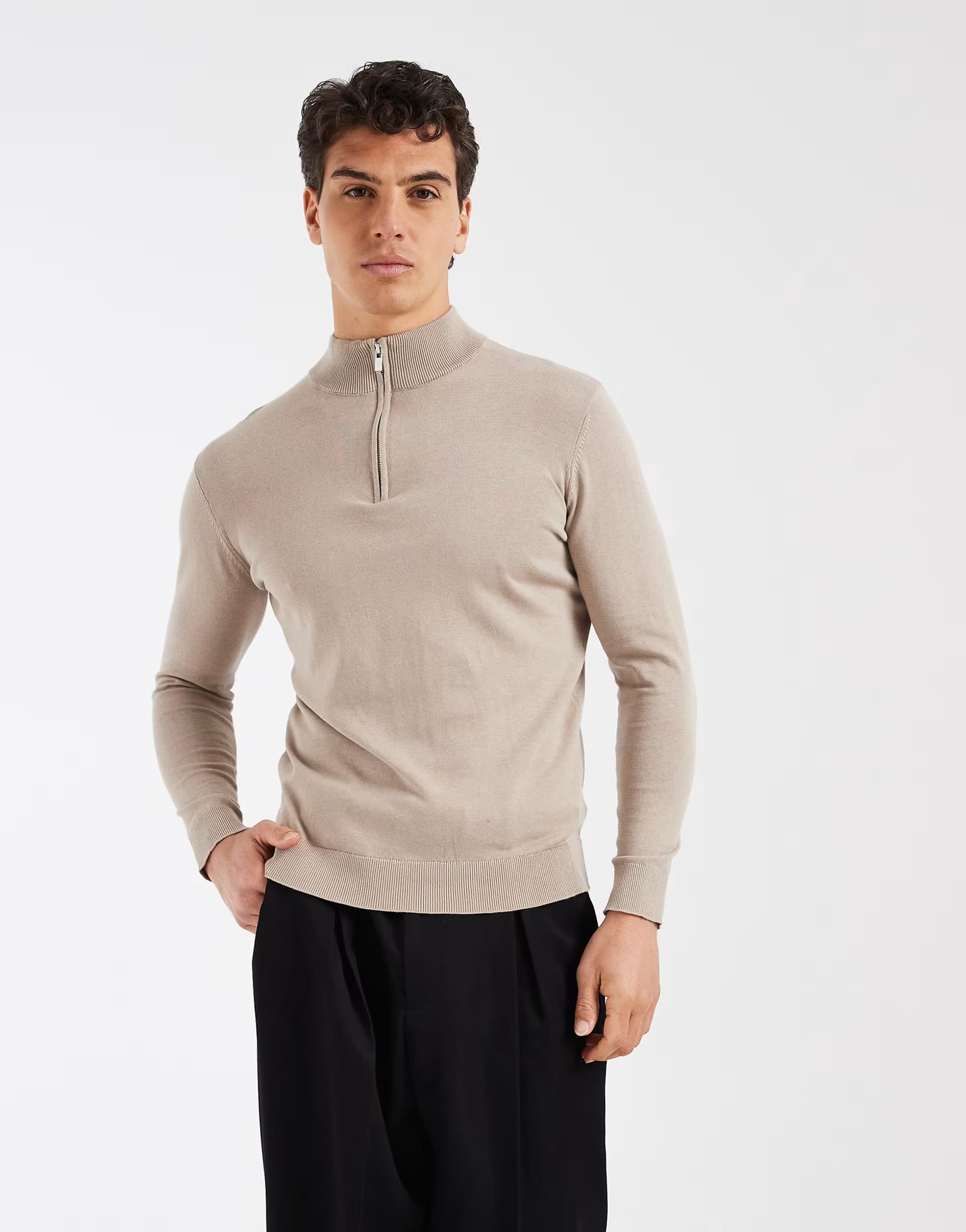 ASOS CAPO egyptian cotton quarter zip jumper in oatmeal