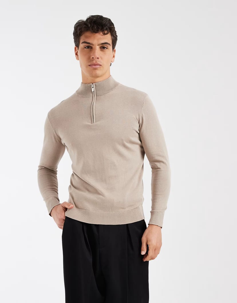 ASOS CAPO egyptian cotton quarter zip jumper in oatmeal - 1