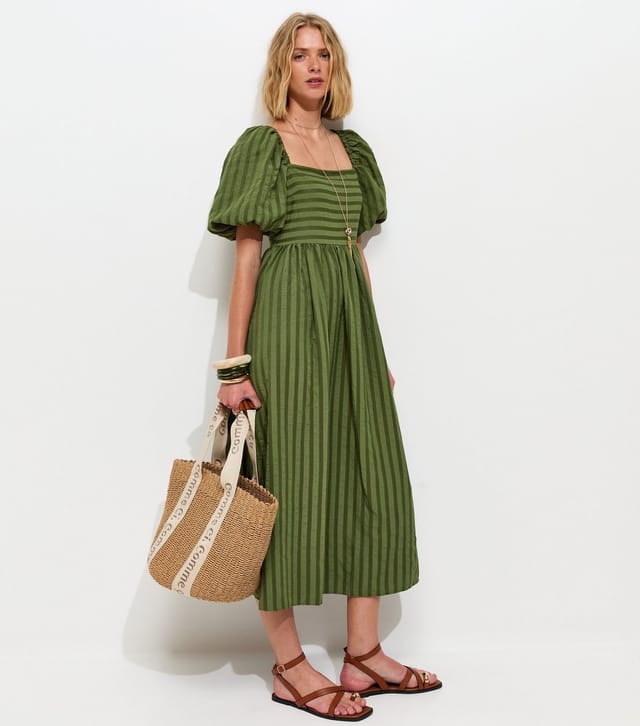 New Look Women's Khaki Puff Sleeve Striped Midi Dress New Look - 3
