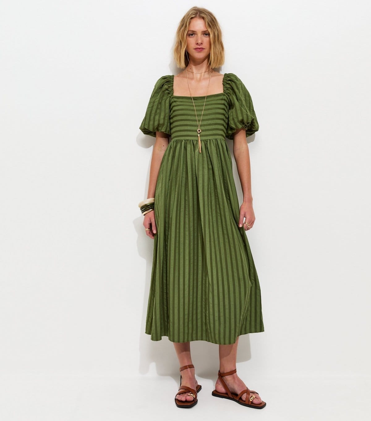 New Look Women's Khaki Puff Sleeve Striped Midi Dress New Look - 4