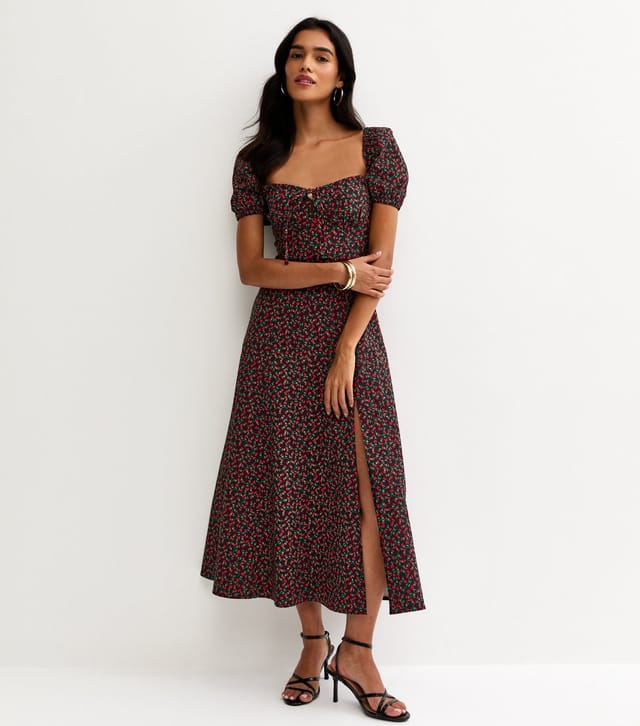 New Look Women's Black Ditsy Floral Sweetheart Neck Midi Dress New Look - 2