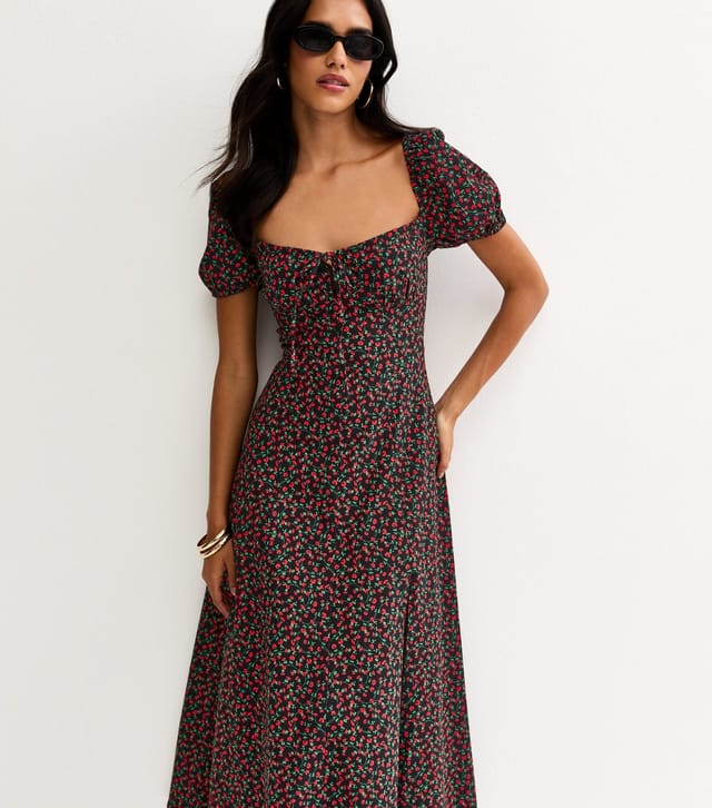 New Look Women's Black Ditsy Floral Sweetheart Neck Midi Dress New Look - 3