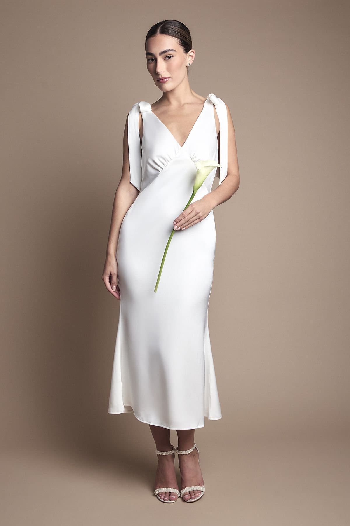 Coast Coast Women's Satin Back Crepe Tie Shoulder Midi Wedding Dress in Ivory