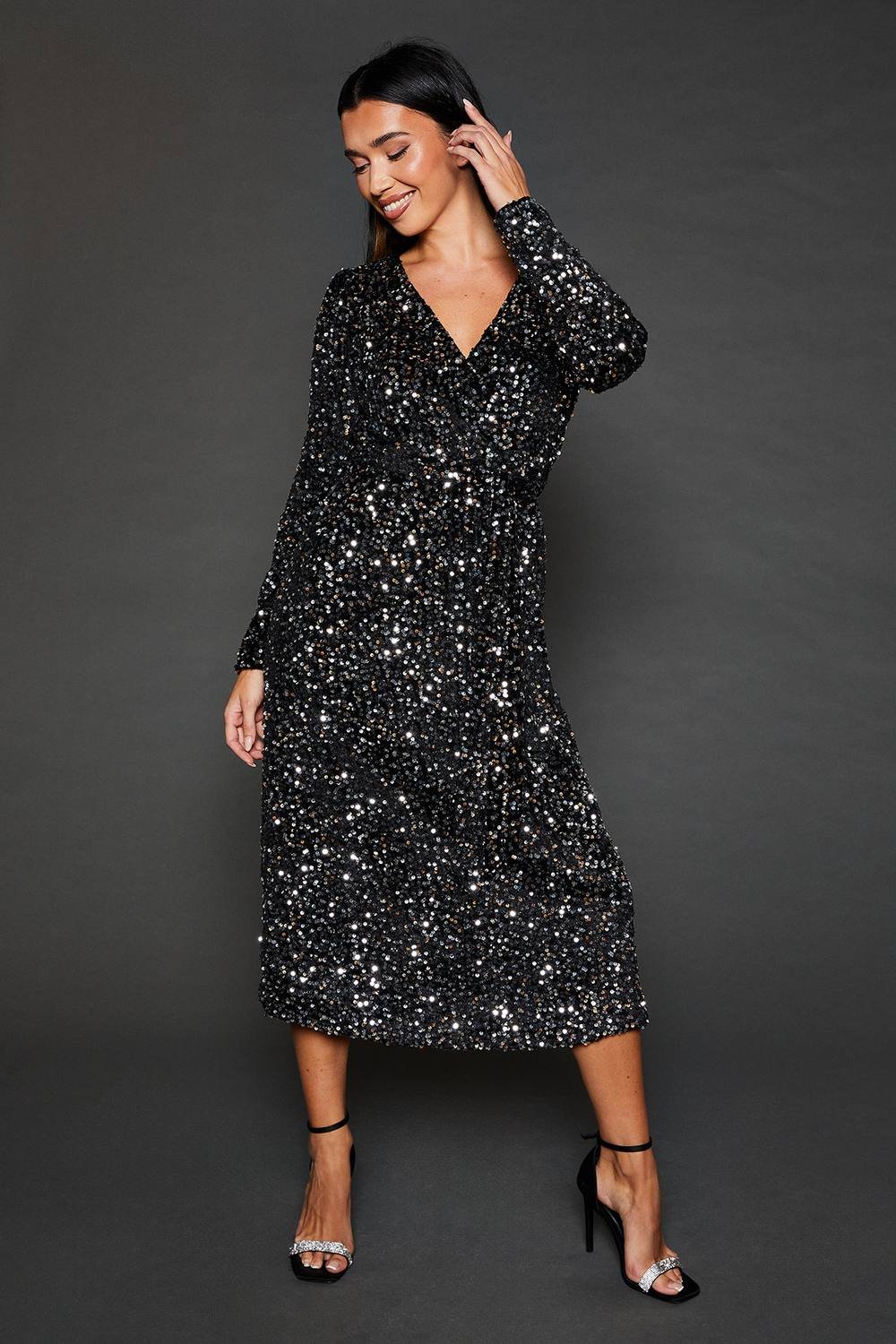 Dorothy Perkins Dorothy Perkins Women's Velvet Sequin Wrap Midi Dress in Silver - 2