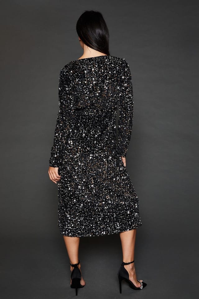 Dorothy Perkins Dorothy Perkins Women's Velvet Sequin Wrap Midi Dress in Silver - 3
