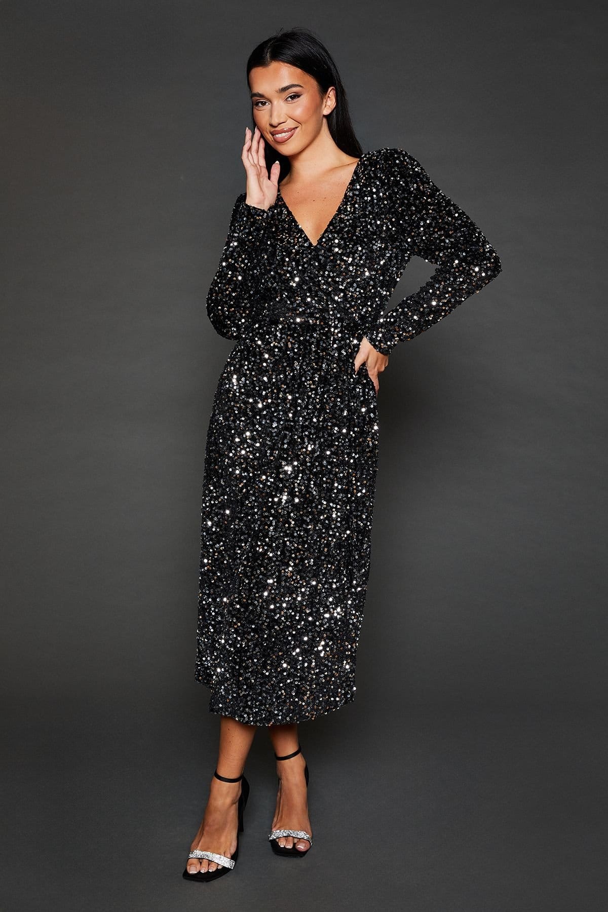 Dorothy Perkins Dorothy Perkins Women's Velvet Sequin Wrap Midi Dress in Silver - 4