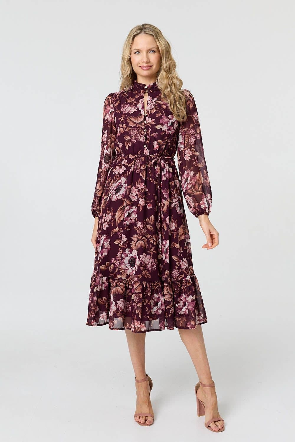 Izabel London Izabel London Women's Floral Semi Sheer Mesh Layer Midi Dress in Red