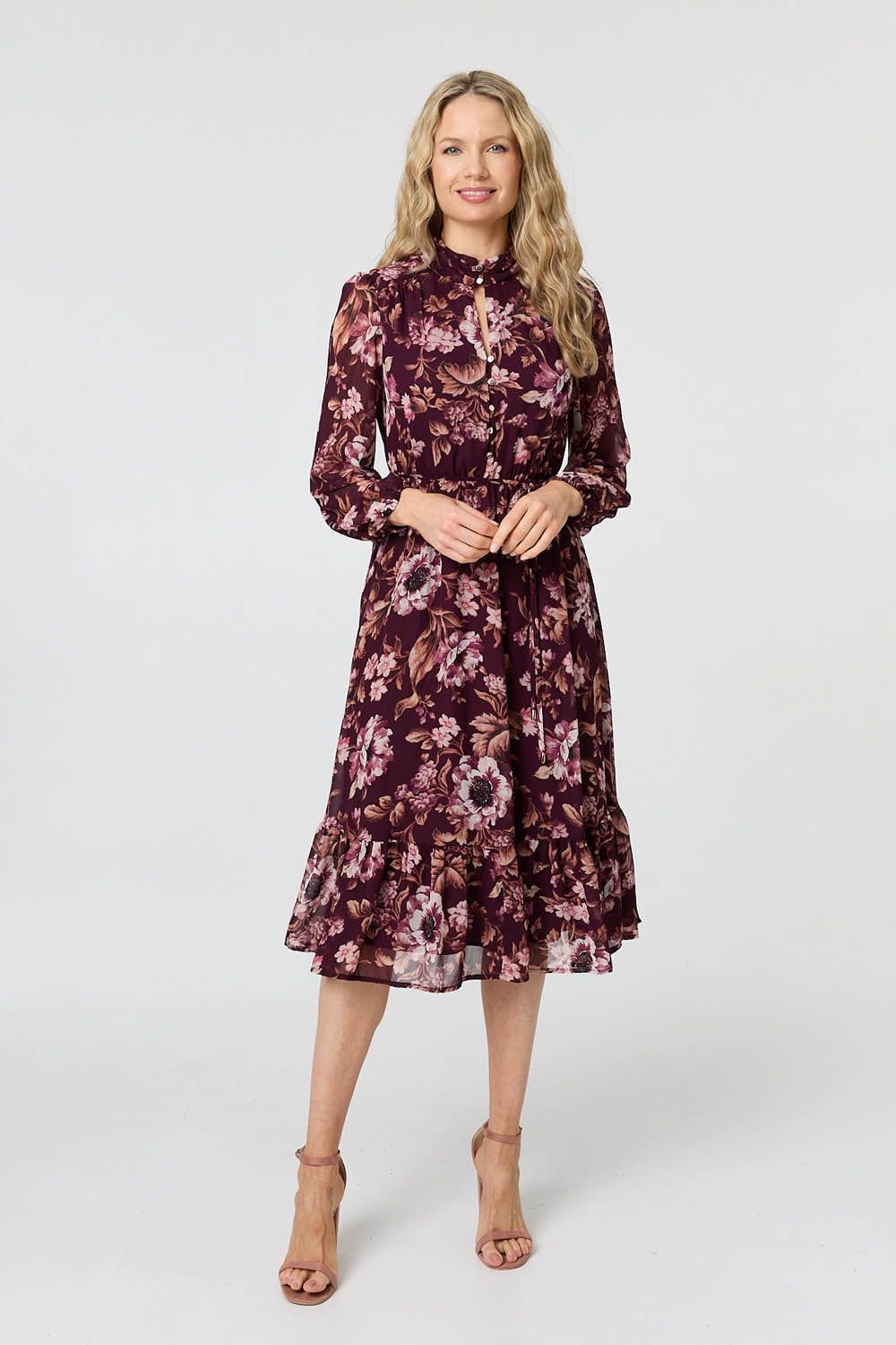 Izabel London Izabel London Women's Floral Semi Sheer Mesh Layer Midi Dress in Red - 2