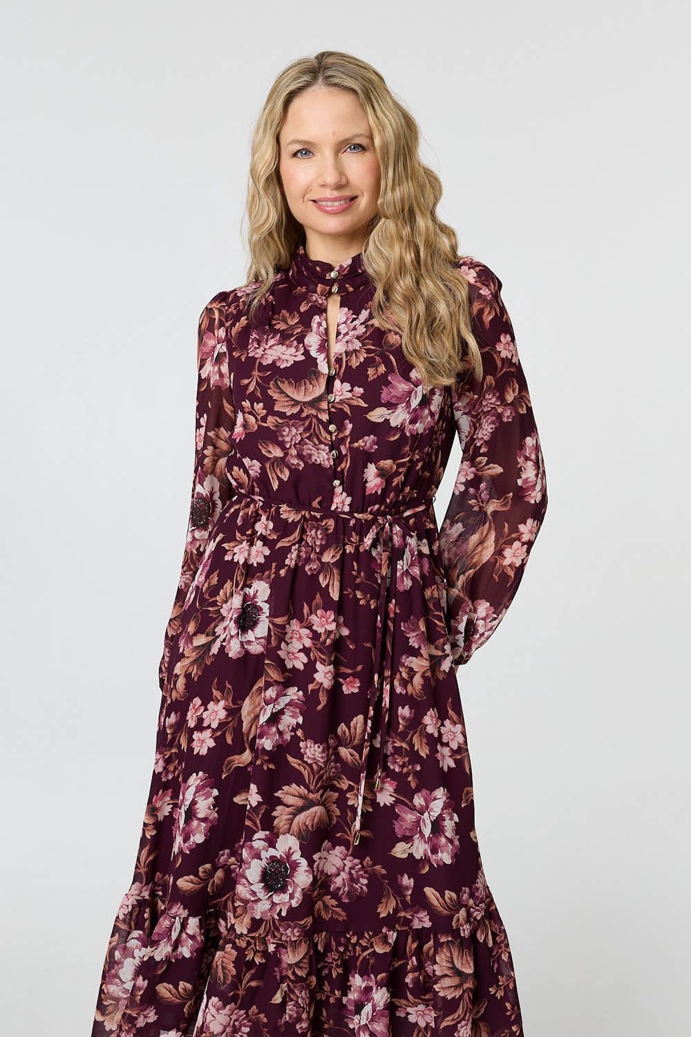 Izabel London Izabel London Women's Floral Semi Sheer Mesh Layer Midi Dress in Red - 4