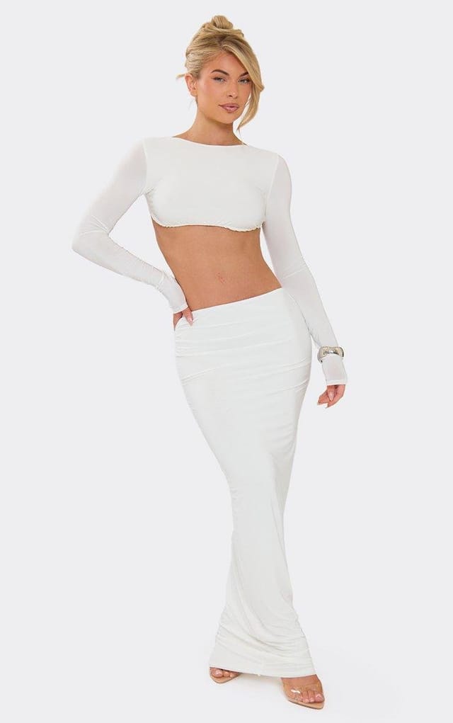 EGO Long Sleeve Cut Out Strap Detail Maxi Dress In White Slinky, Women's Size UK 6 - 2