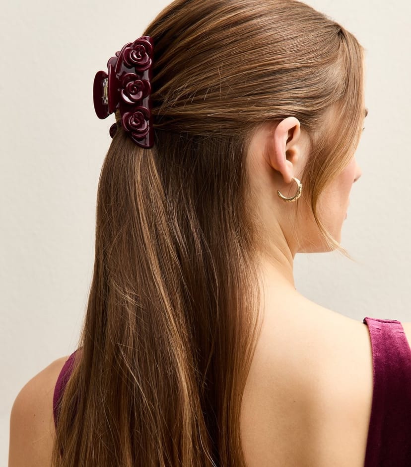 New Look Dark Burgundy Rose Detail Hair Claw Clip New Look - 1