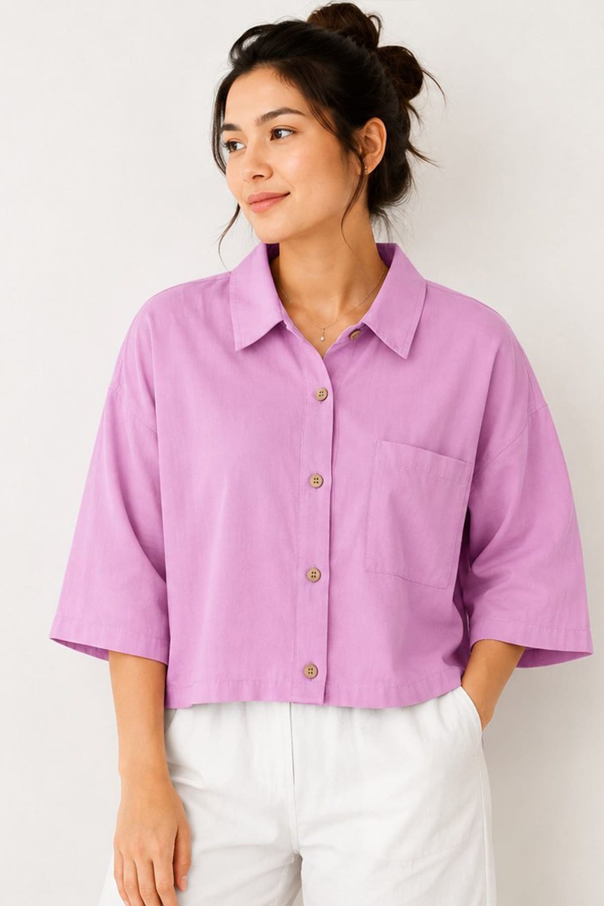 Gini London Gini London Women's Mauve Cotton Cropped Button Up Shirt - 1