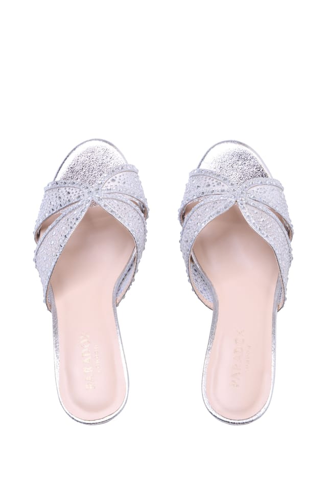Paradox London Paradox London Women's Marisol' Diamante Flare Heel Mule in Metallic Silver - 3