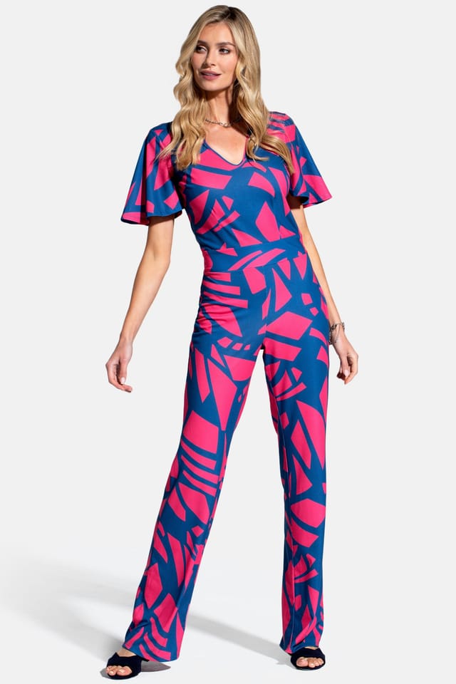 Hot Squash Hot Squash Women's Straight Leg Jumpsuit with V-neck & Flare Sleeves in Teal - 2