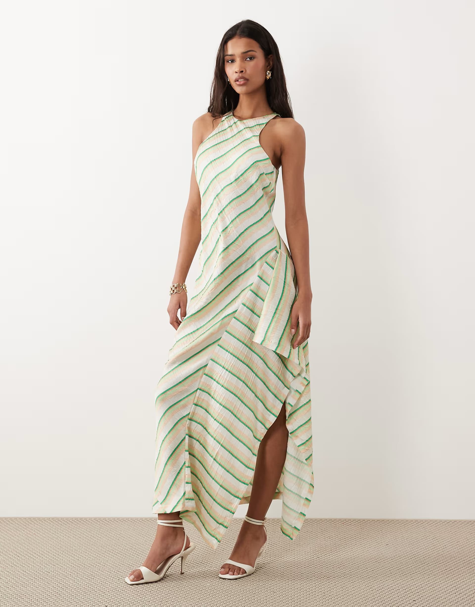 ASOS ASOS DESIGN satin racer midi dress with side ruffle detail in multi stripe