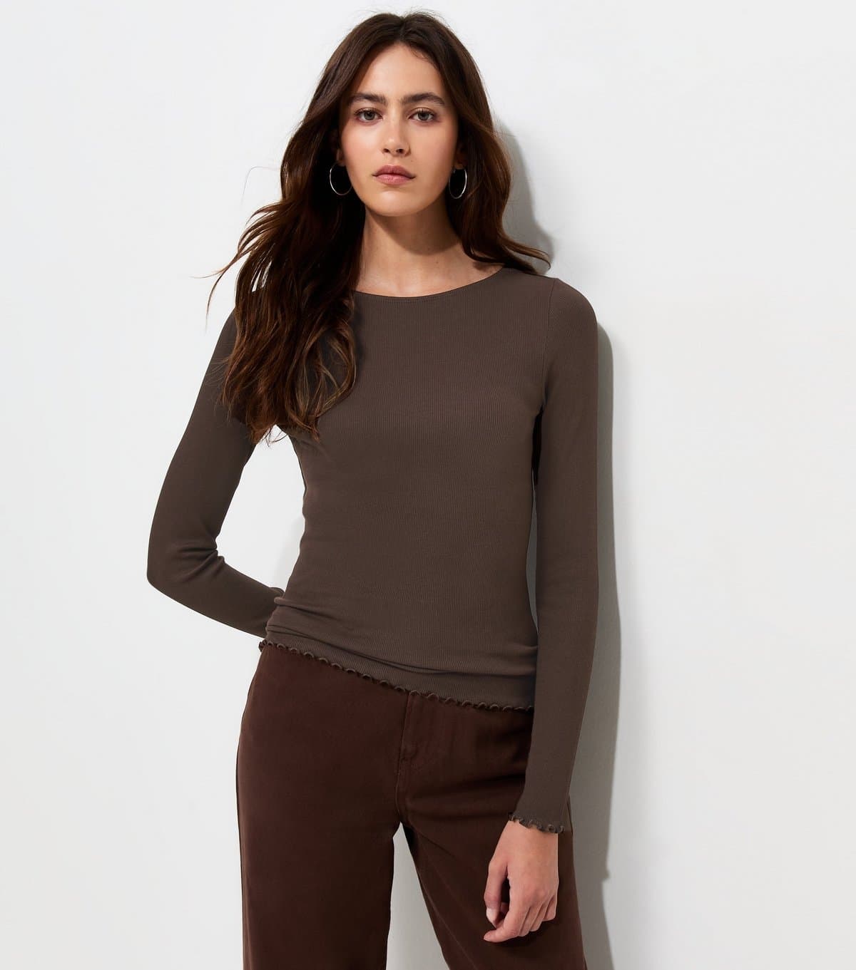 New Look Women's Dark Brown Cotton Rich Babylock Slash Neck Long Sleeve Top New Look