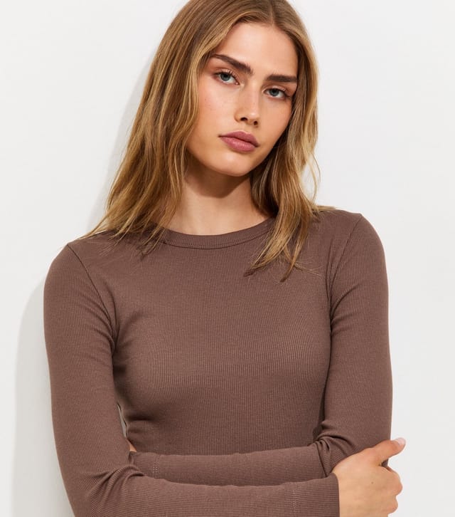 New Look Women's Dark Brown Cotton Rich Babylock Slash Neck Long Sleeve Top New Look - 2