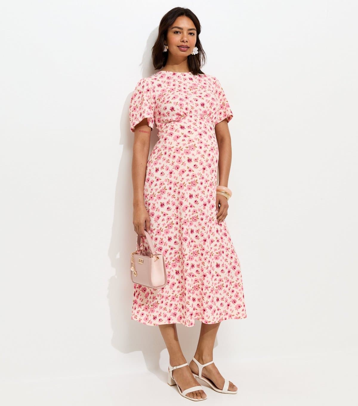 New Look Women's Maternity Pink Floral Print Short Sleeve Midi Dress New Look