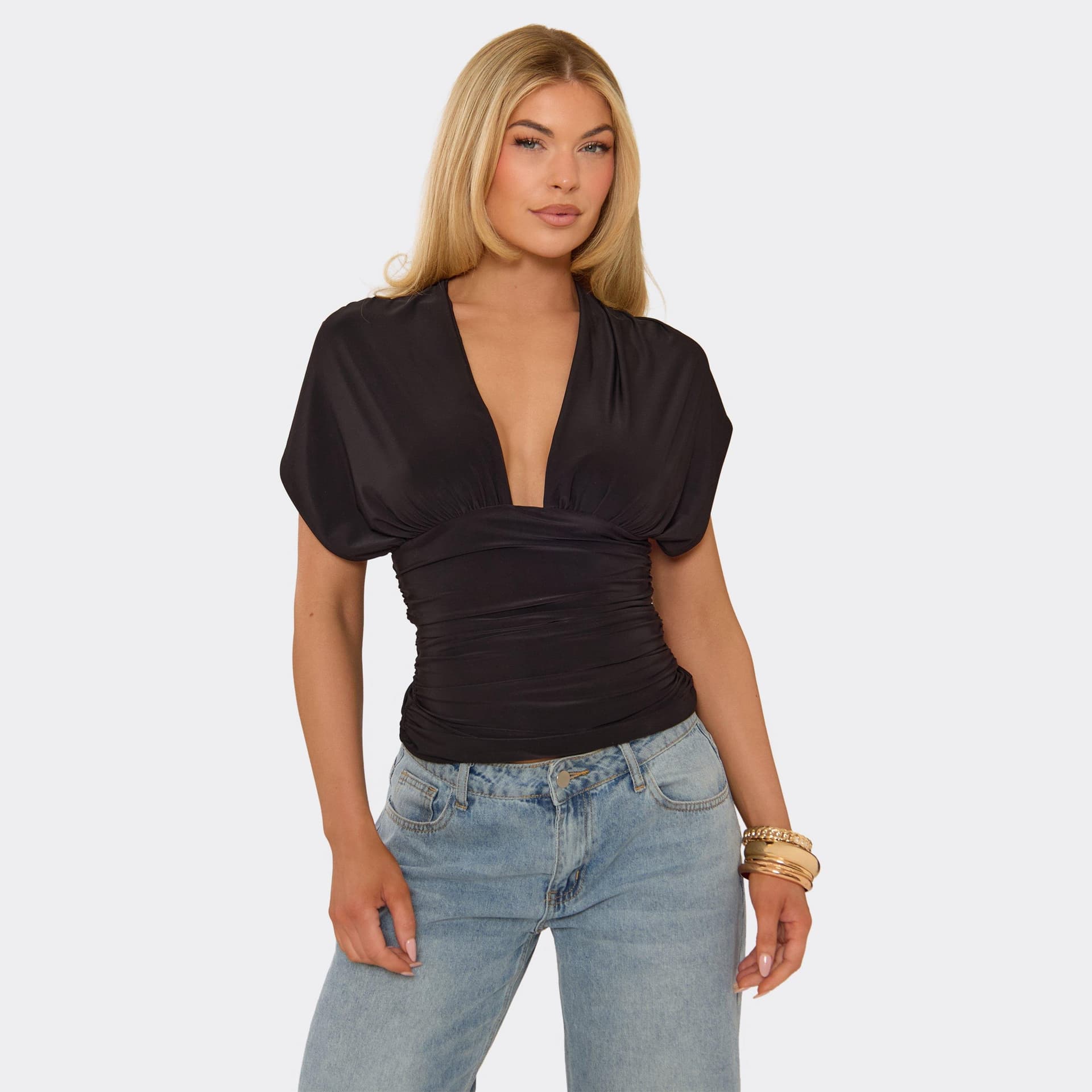 EGO Short Sleeve Plunge Front Tie Back Detail Top In Black Slinky, Women's Size UK 6