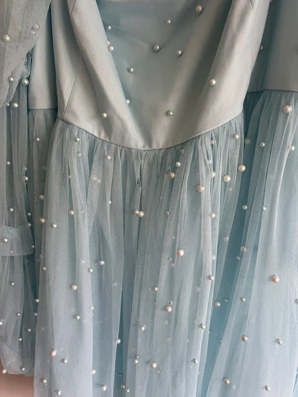 ASOS ASOS Luxe Baby Blue Pearl Embellished Ruffle Dress Size UK 22