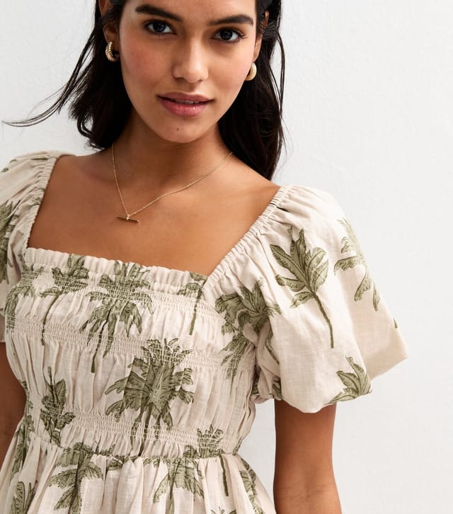 New Look Women's Cream Palm Print Puff Sleeve Milkmaid Top New Look - 3