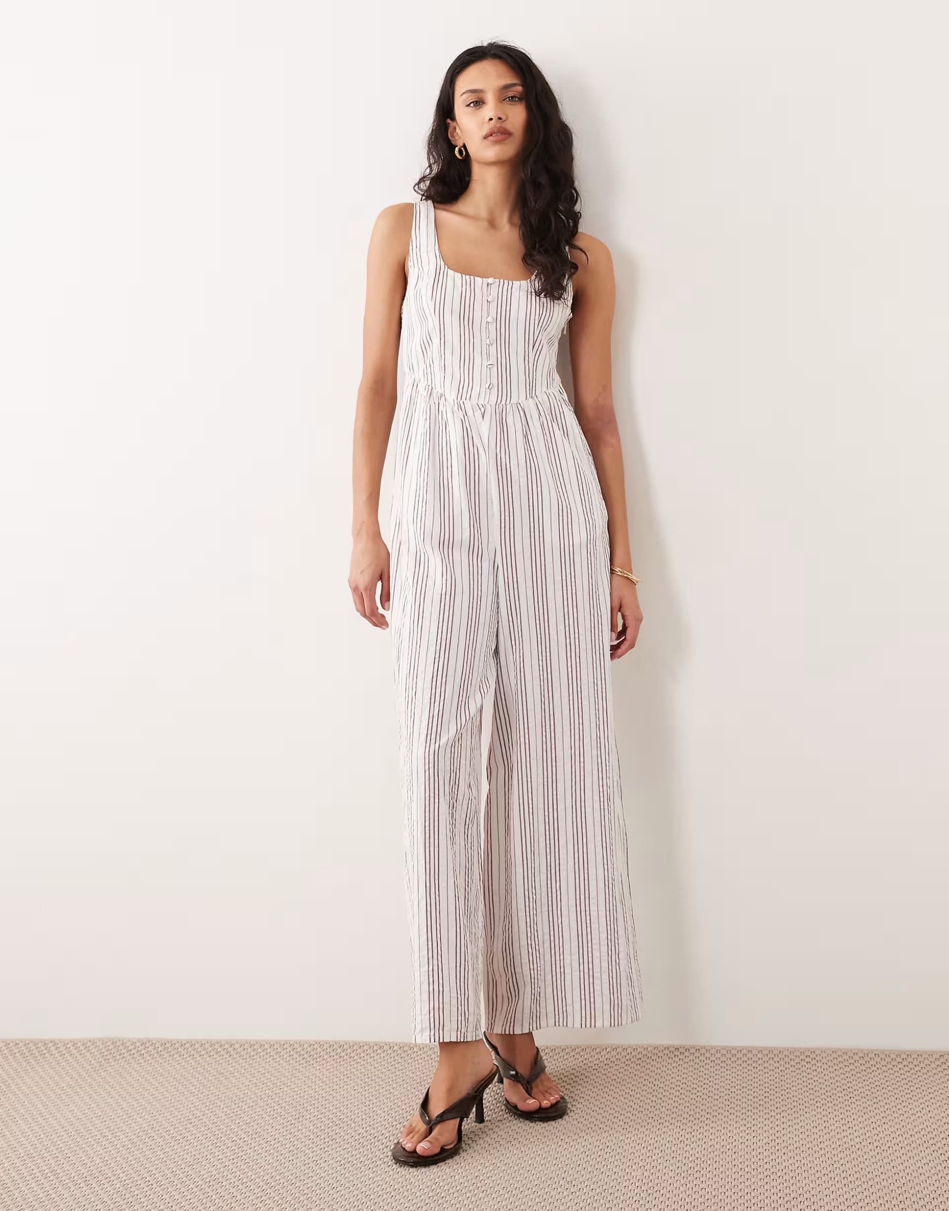 ASOS Nobody's Child Cora cotton sleeveless square neck button detail jumpsuit in white stripe