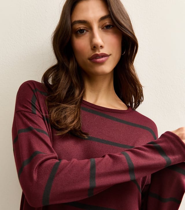 New Look Women's Tall Burgundy Long Sleeve Stripe Top New Look - 2