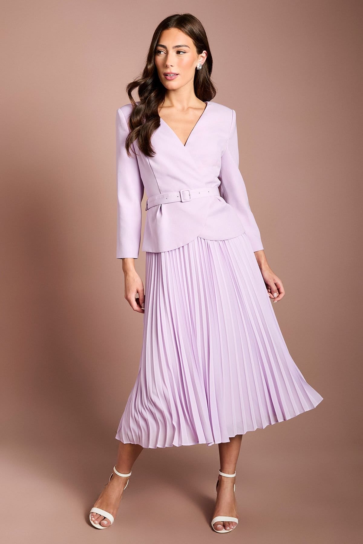 Coast Lilac Crepe Bodice Midi Dress with Pleated Skirt