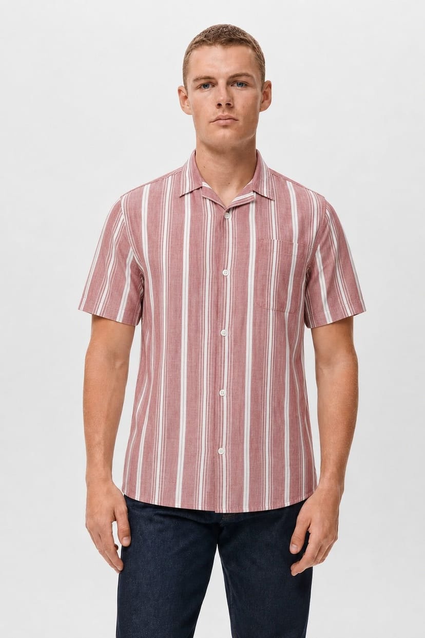 Little Nooks Little Nooks Men's Bari Stripe Short Sleeve Shirt in Light Red - 1
