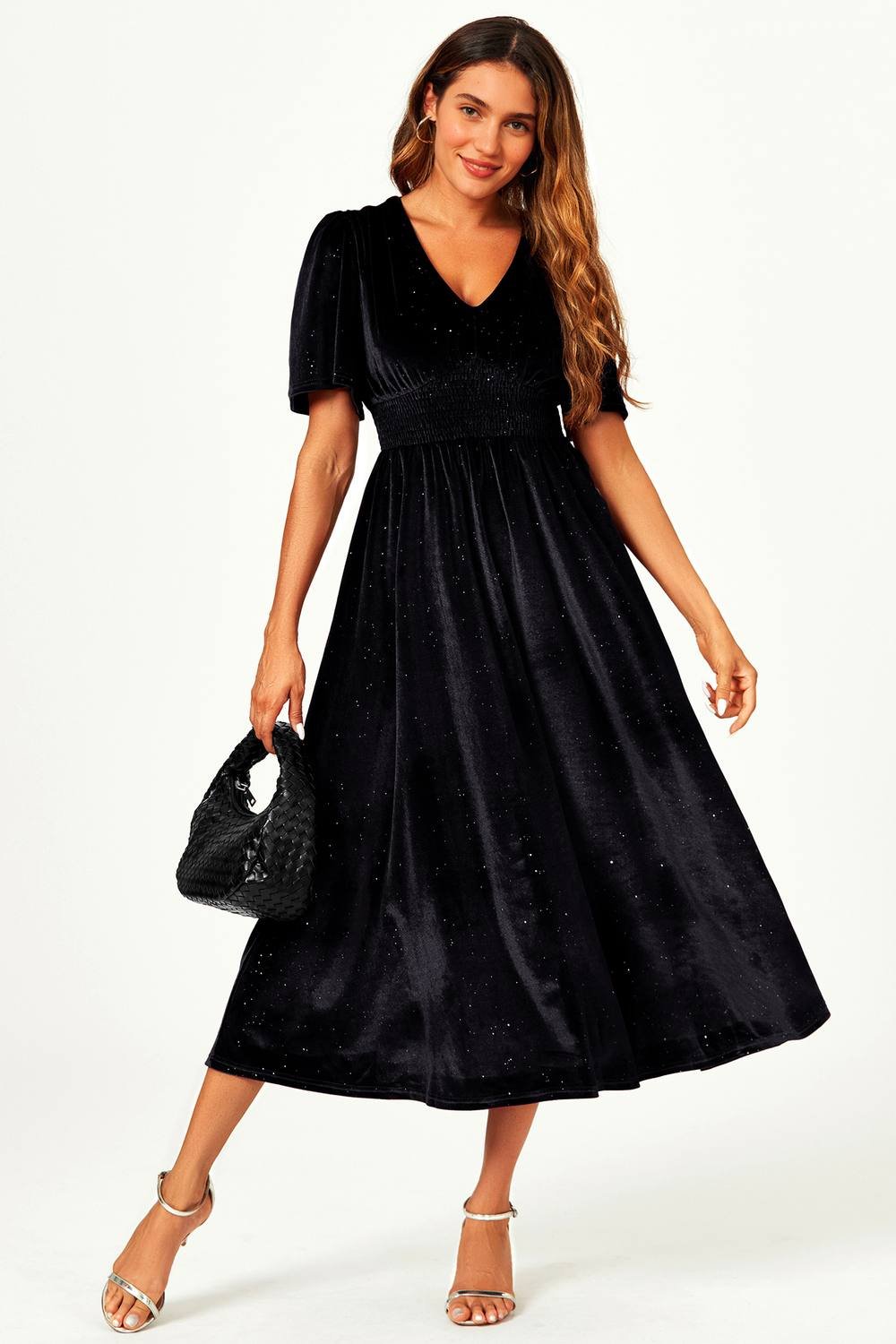 FS Collection FS Collection Women's Silver Foil V Neck Velvet Midi Dress In Black - 2