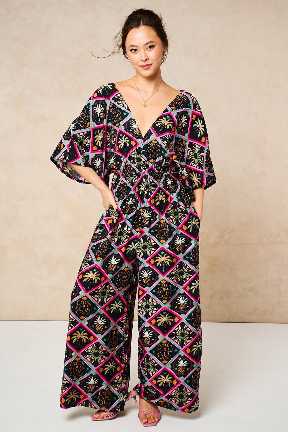 Sarta Sarta Women's Pineapple Print V Neck Jumpsuit in Black/Multi - 1