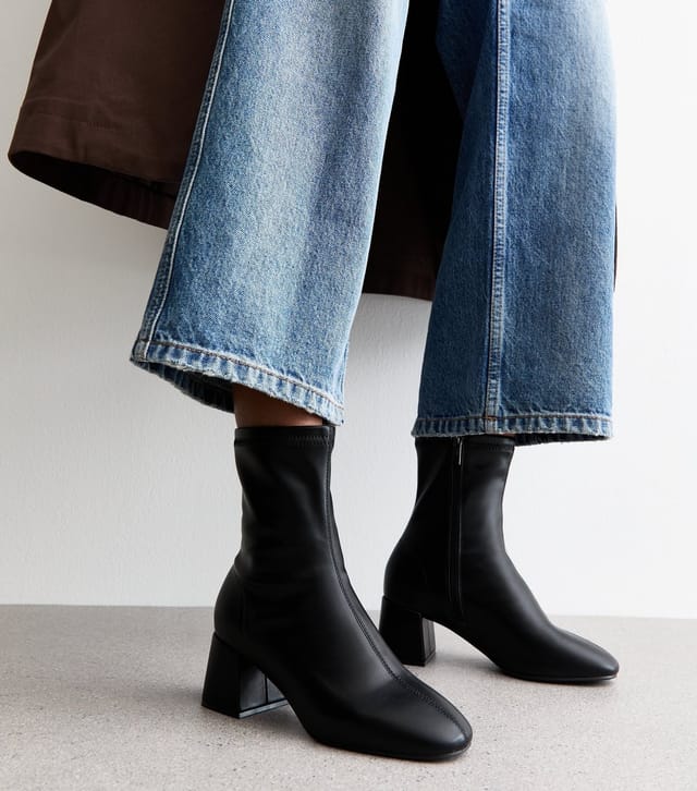New Look Women's Black Faux Leather Block Heel Ankle Boots Vegan New Look - 3