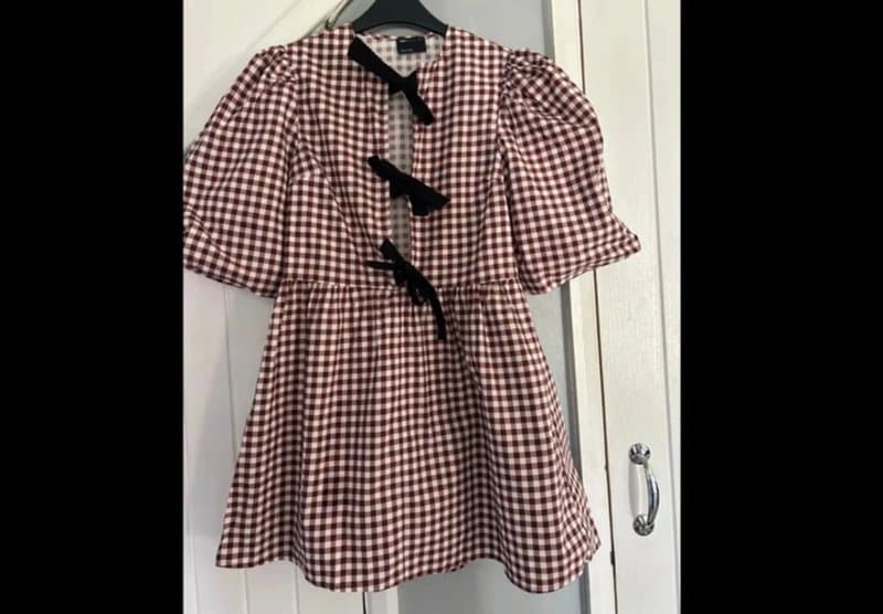 ASOS New ASOS brown cotton gingham puff sleeve tie front summer smock dress XS