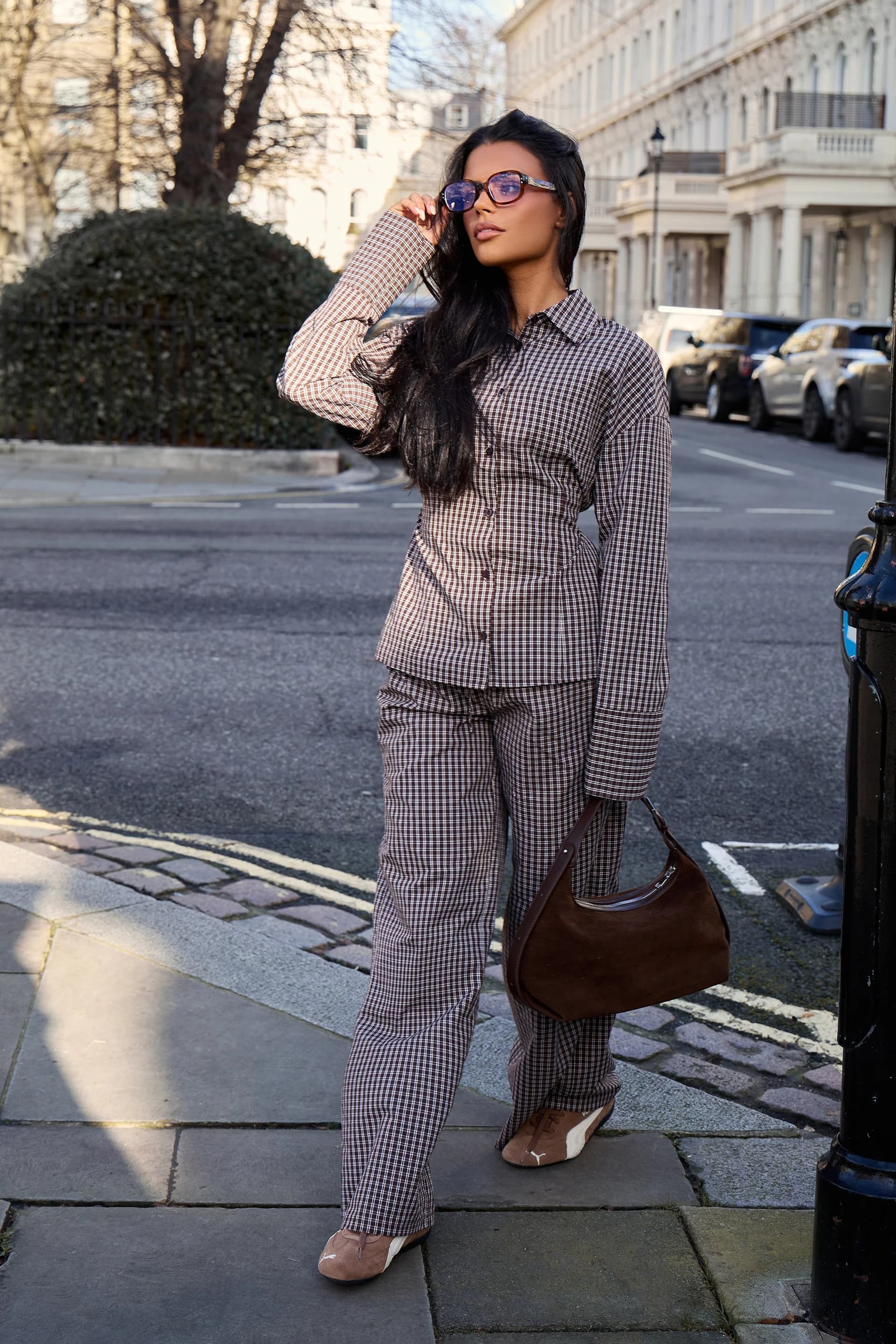 Kaiia Kaiia Check Straight Leg Trousers in Chocolate Brown