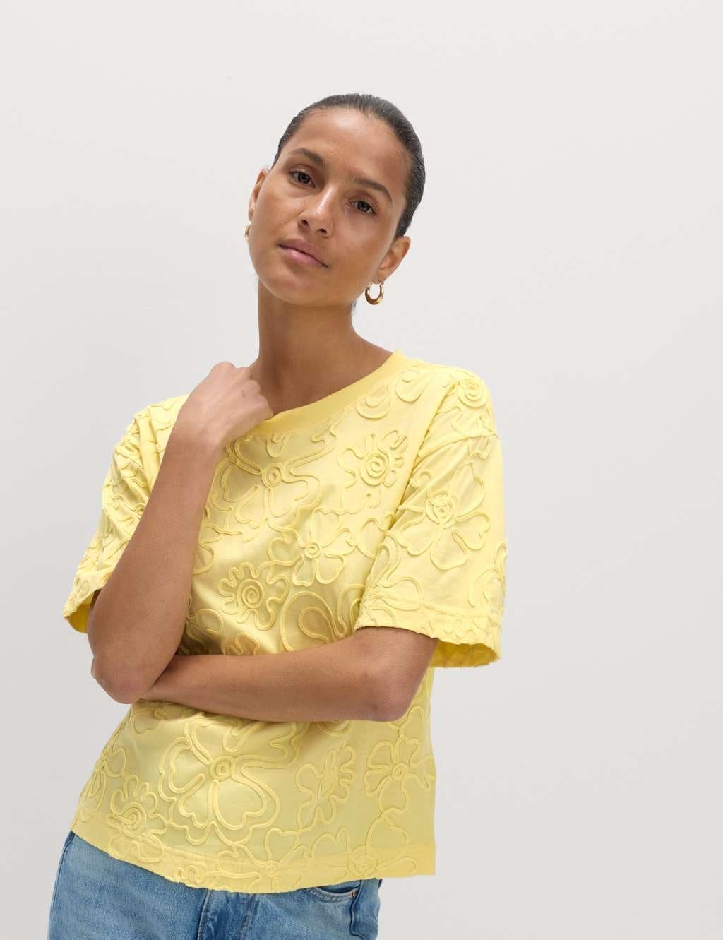 Marks & Spencer M&S Pure Cotton Appliqué T-Shirt Pale Yellow