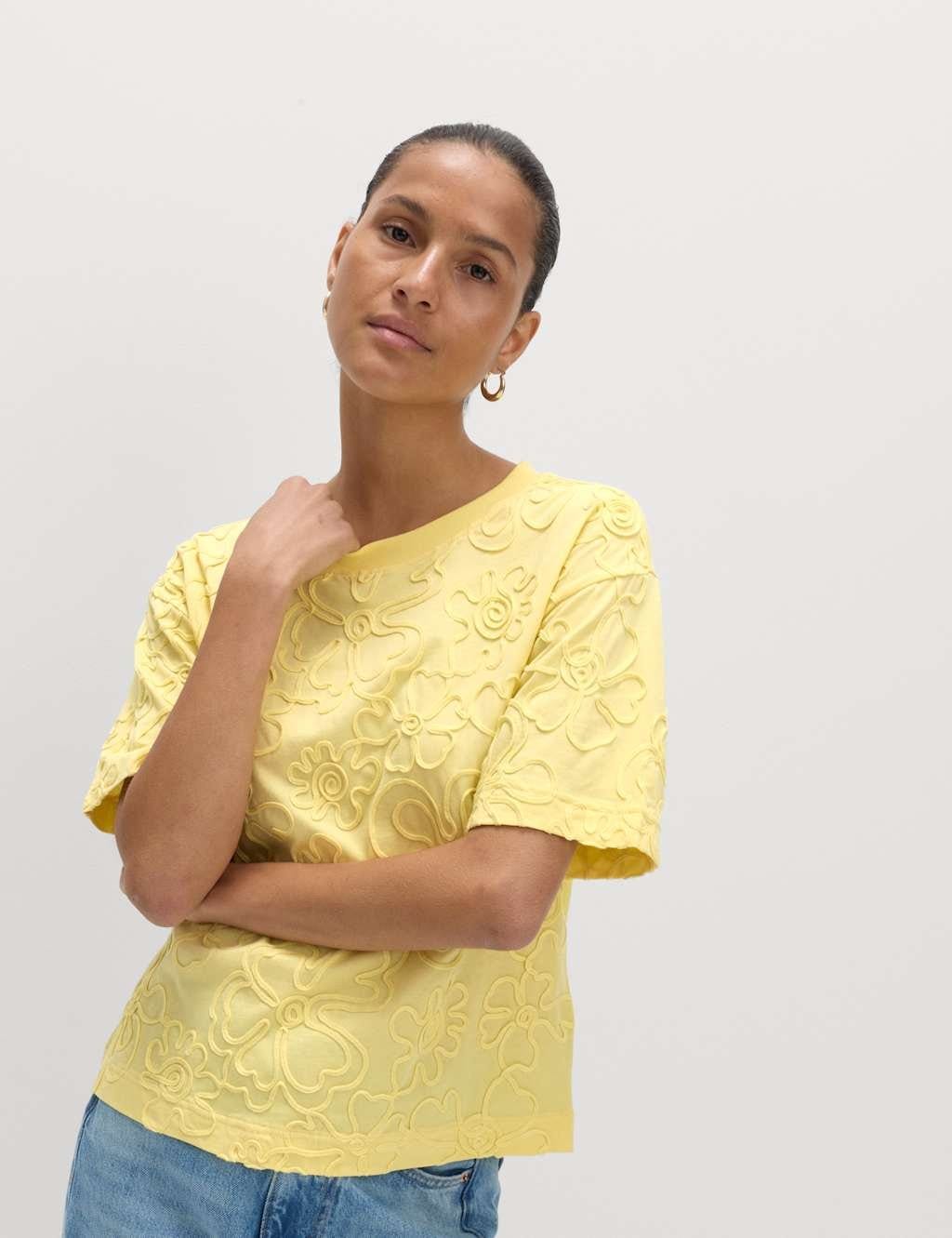M&S Pure Cotton Appliqué T-Shirt Pale Yellow